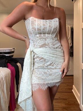 Strapless Ivory Lace Mini Dress with Draped Sash